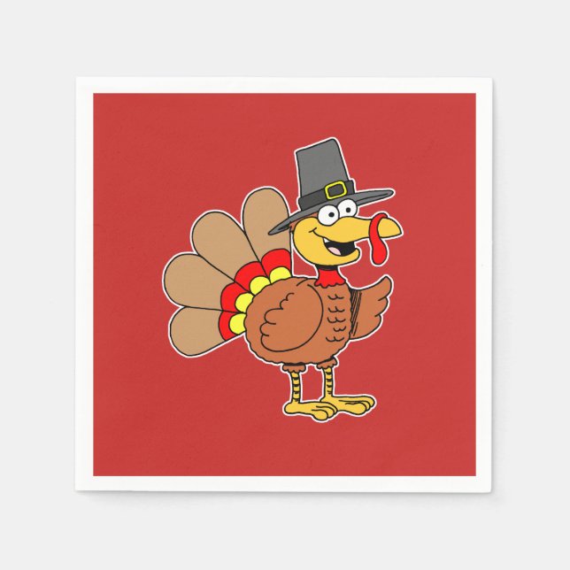 Cartoon Turkey Pilgrim Hat Thanksgiving Napkins (Front)