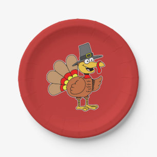 Cartoon Turkey Pilgrim Hat Thanksgiving Paper Plates