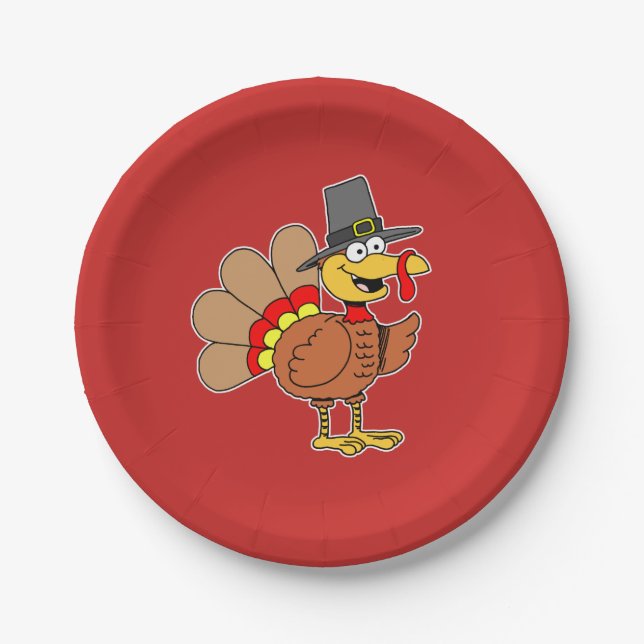 Cartoon Turkey Pilgrim Hat Thanksgiving Paper Plates (Front)