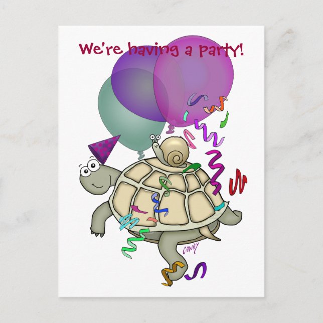 Cartoon turtle and snail birthday party invitation postcard