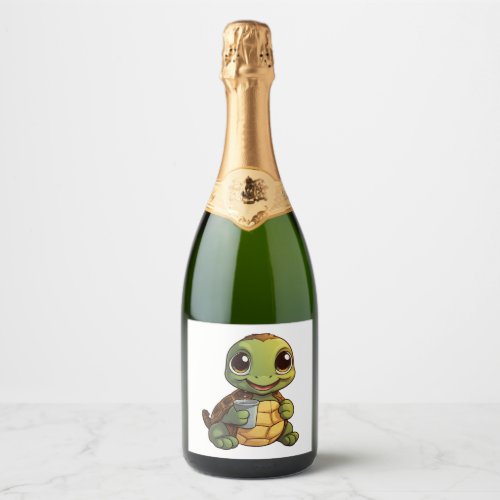 Cartoon turtle illustration sparkling wine label