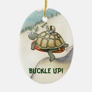 Cartoon turtle, snail on his back with seatbelt ceramic ornament