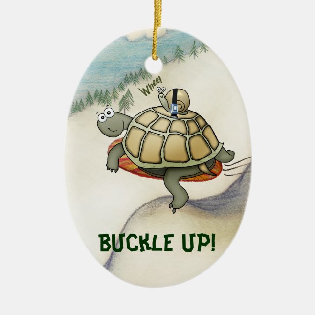 Cartoon turtle, snail on his back with seatbelt ceramic ornament (Front)