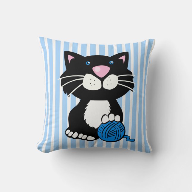 Cartoon Tuxedo Cat and Stripes Throw Pillow (Front)