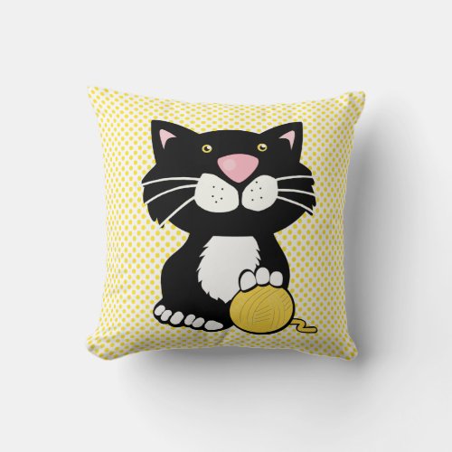 Cartoon Tuxedo Cat on Polka Dot Throw Pillow