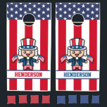 Cartoon Uncle Sam with US Flag Background Cornhole Set<br><div class="desc">Add a fun twist to your patriotic party with this whimsical cartoon Uncle Sam cornhole board! Dressed in red, white, and blue, and holding two US flags, Uncle Sam stands atop a customizable white name banner bordered in blue. The background showcases the full American flag motif with red and white...</div>