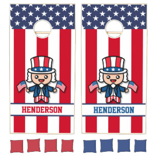 Cartoon Uncle Sam with US Flag Background Cornhole Set