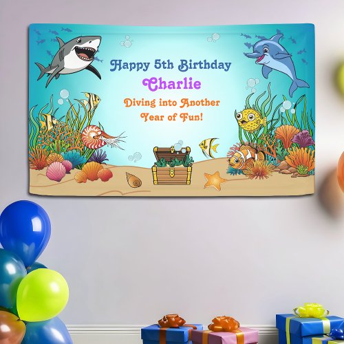 Cartoon Under the Sea Animals Kids Birthday Banner