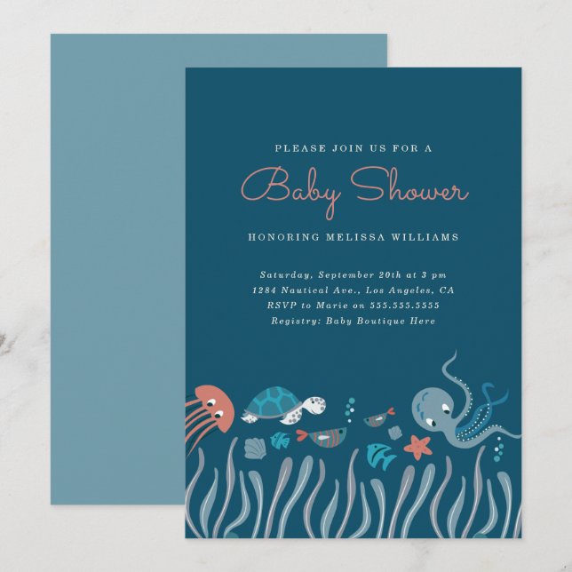 Cartoon Under The Sea Ocean Critters Baby Shower Invitation (Front/Back)