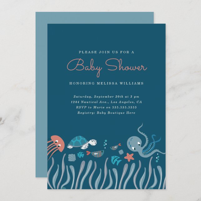 Cartoon Under The Sea Ocean Critters Baby Shower Invitation (Front/Back)
