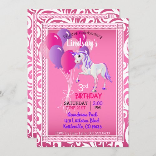 Cartoon Unicorn  Birthday Invitation