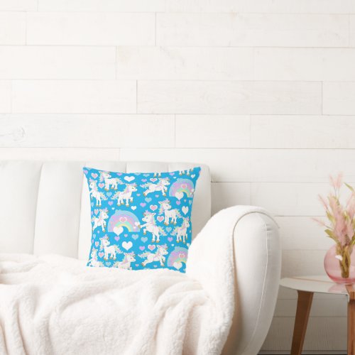 Cartoon Unicorn Pattern  on Blue Background Throw Pillow