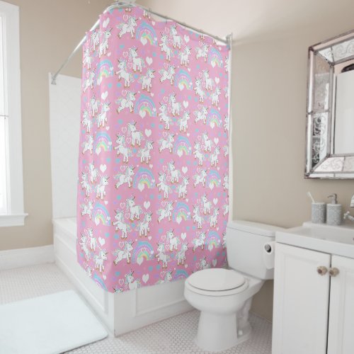 Cartoon Unicorn Pattern on Pink Background Shower Curtain