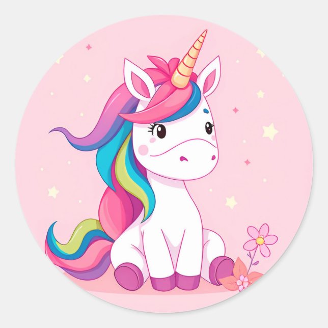 🦄 Cartoon Unicorn Rainbow Mane Cute Fantasy Magic Classic Round Sticker (Front)