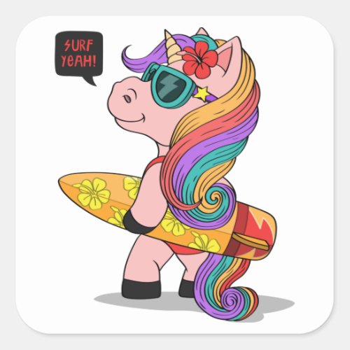Cartoon unicorn with surfboard square sticker
