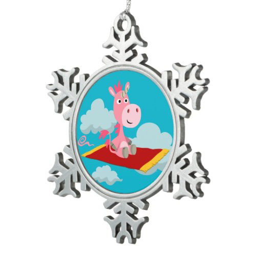 Cartoon Unicorn's Magic Carpet Ride Metal Ornament