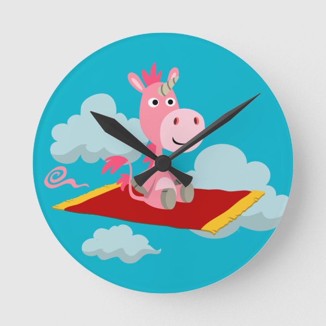 Cartoon Unicorn's Magic Carpet Ride Wall Clock (Front)