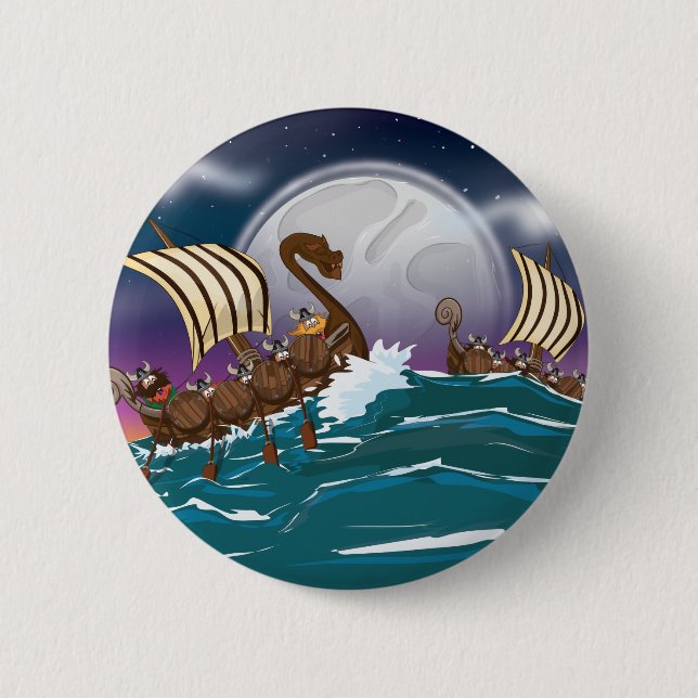 Cartoon Viking invasion fleet Button (Front)