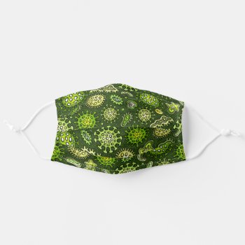 Cartoon Virus Pattern In Green Over Dark Green Adult Cloth Face Mask by LangDesignShop at Zazzle