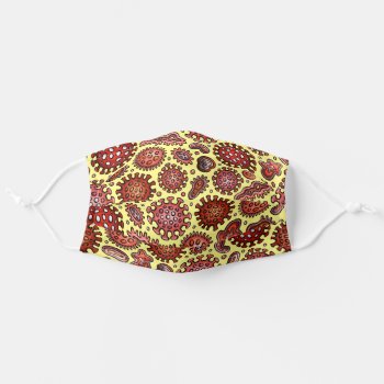 Cartoon Virus Pattern In Red Over Pale Yellow Adult Cloth Face Mask by LangDesignShop at Zazzle