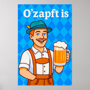 Cartoon Waiter in Lederhosen with Beer Poster