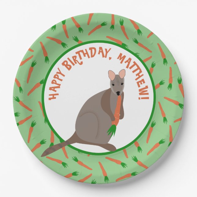 Cartoon Wallaby and Carrots Kids Birthday Party Paper Plates (Front)