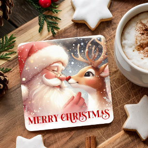 Cartoon Watercolor Santa Rudolph Christmas Coaster