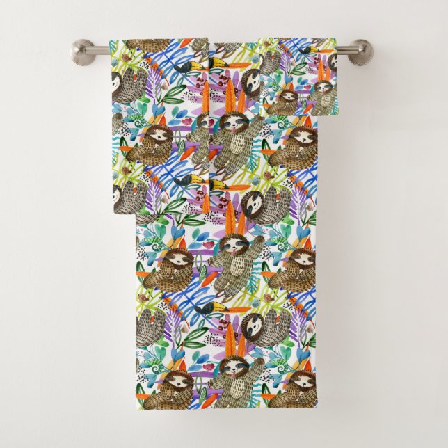 Cartoon Watercolor Sloth Pattern Bath Towel Set (Insitu)