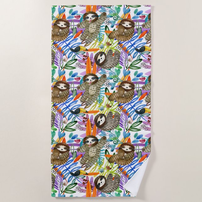 Cartoon Watercolor Sloth Pattern Beach Towel (Front)