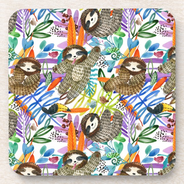 Cartoon Watercolor Sloth Pattern Beverage Coaster (Front)