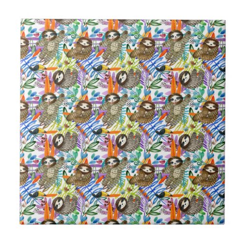 Cartoon Watercolor Sloth Pattern Ceramic Tile