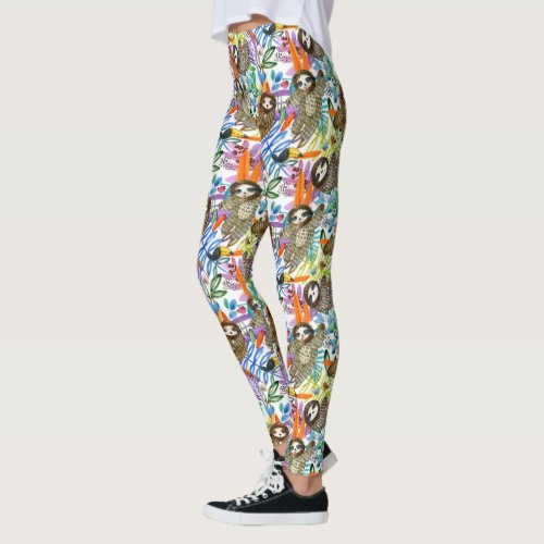 Cartoon Watercolor Sloth Pattern Leggings