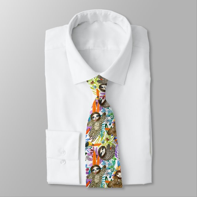 Cartoon Watercolor Sloth Pattern Neck Tie (Tied)