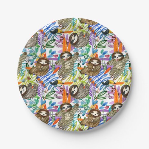 Cartoon Watercolor Sloth Pattern Paper Plates