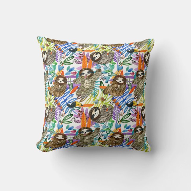 Cartoon Watercolor Sloth Pattern Throw Pillow (Front)
