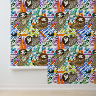 Cartoon Watercolor Sloth Pattern Wallpaper