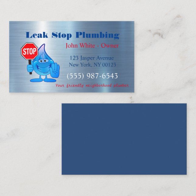 Cartoon Waterdrop Plumber Man Plumbing Service Business Card (Front/Back)