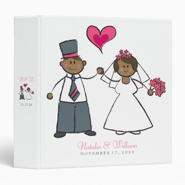 Cartoon Wedding Couple Bride & Groom Fuchsia Heart Binder (Front/Spine)