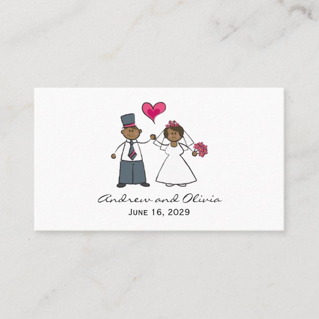 Cartoon Wedding Couple Bride & Groom Fuchsia Heart Place Card (Front)