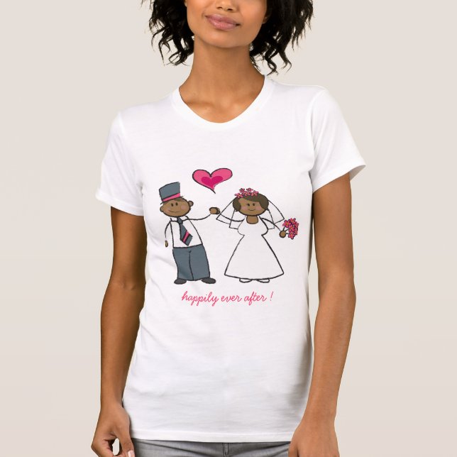 Cartoon Wedding Couple Bride & Groom Fuchsia Heart T-Shirt (Front)