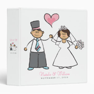 Cartoon Wedding Couple Bride & Groom Pink Heart 3 Ring Binder