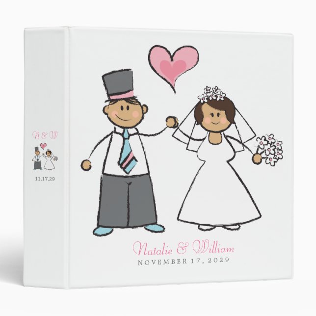 Cartoon Wedding Couple Bride & Groom Pink Heart 3 Ring Binder (Front/Spine)