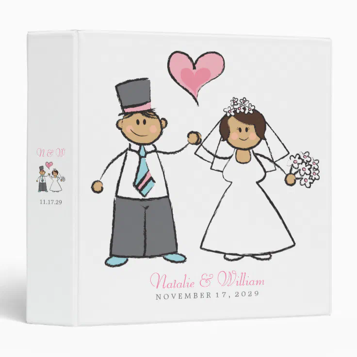 Cartoon Wedding Couple Bride & Groom Pink Heart 3 Ring Binder | Zazzle