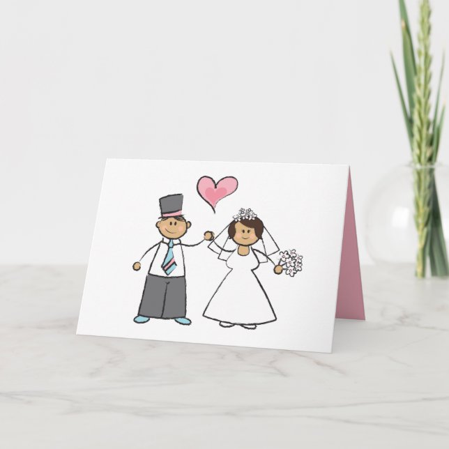 Cartoon Wedding Couple Bride & Groom Pink Heart Card (Front)