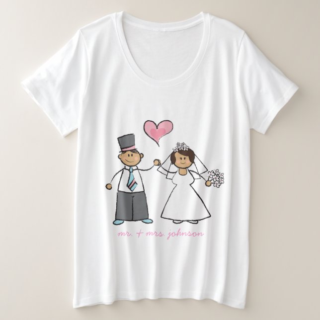 Cartoon Wedding Couple Bride & Groom Pink Heart Plus Size T-Shirt (Design Front)