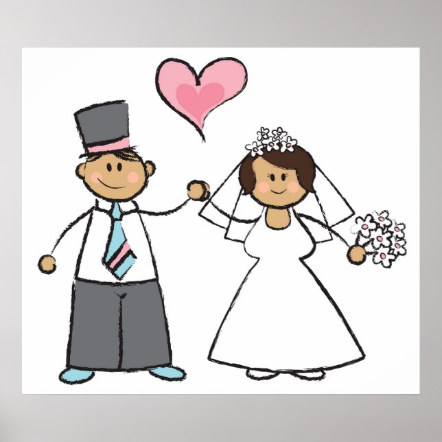 Cartoon Wedding Couple Bride & Groom Pink Heart Poster (Front)
