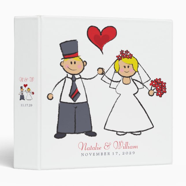 Cartoon Wedding Couple Bride & Groom Red Heart Binder (Front/Spine)