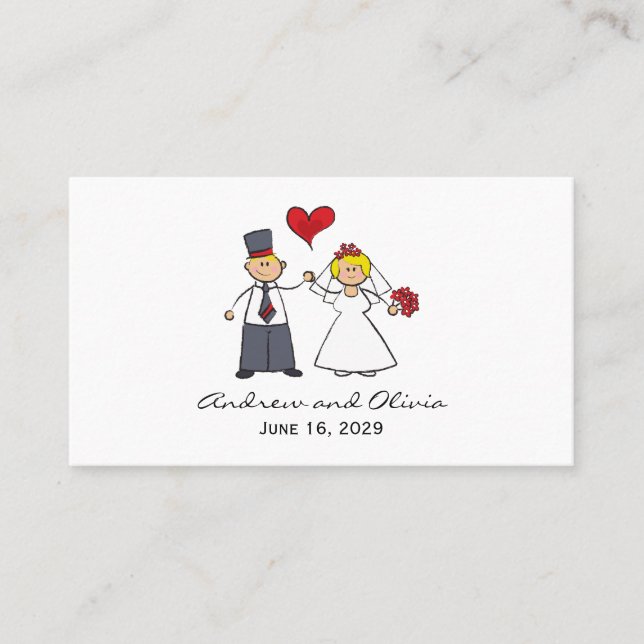 Cartoon Wedding Couple Bride & Groom Red Heart Place Card (Front)