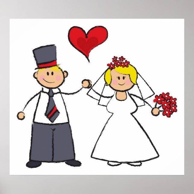 Cartoon Wedding Couple Bride & Groom Red Heart Poster (Front)