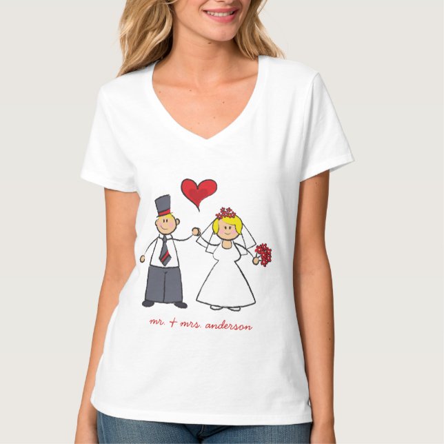 Cartoon Wedding Couple Bride & Groom Red Heart T-Shirt (Front)